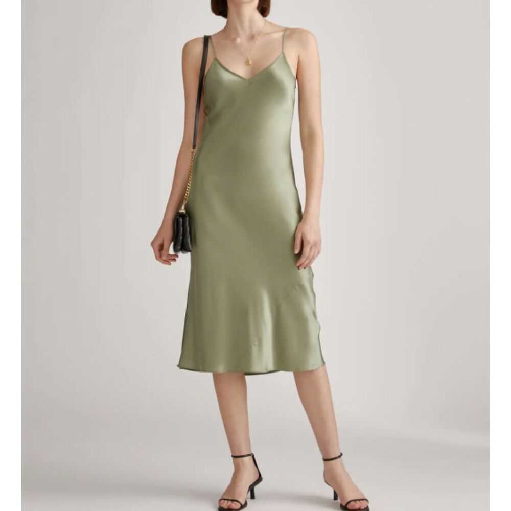 Quince 100% Silk Washable Slip Dress Moss Green V Neck Midi S